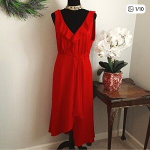 French Connection Red Midi Cocktail Dress Low Back V-Neck Faux Wrap Tie Waist